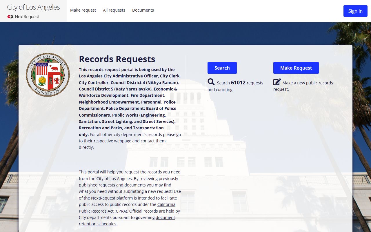 Los Angeles City public records request portal
