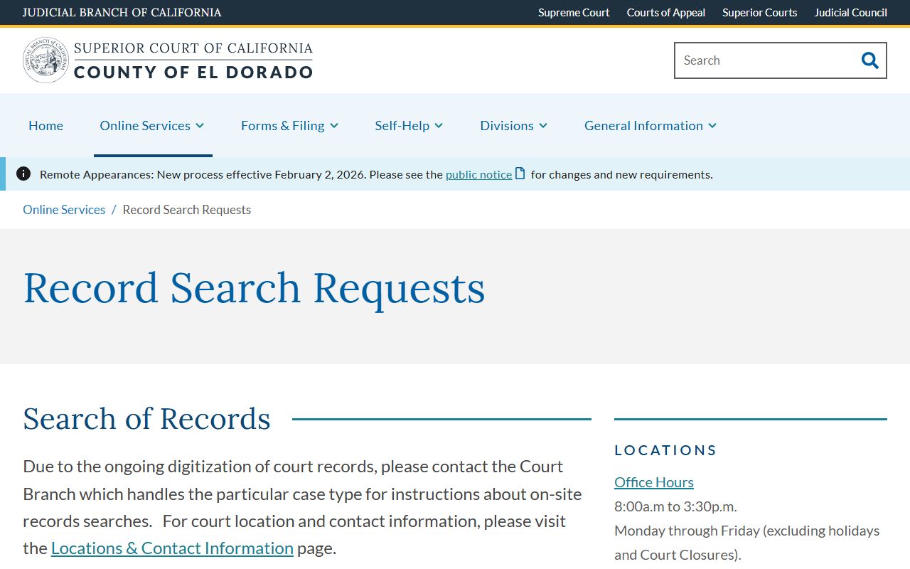 El Dorado County Superior Court online services page