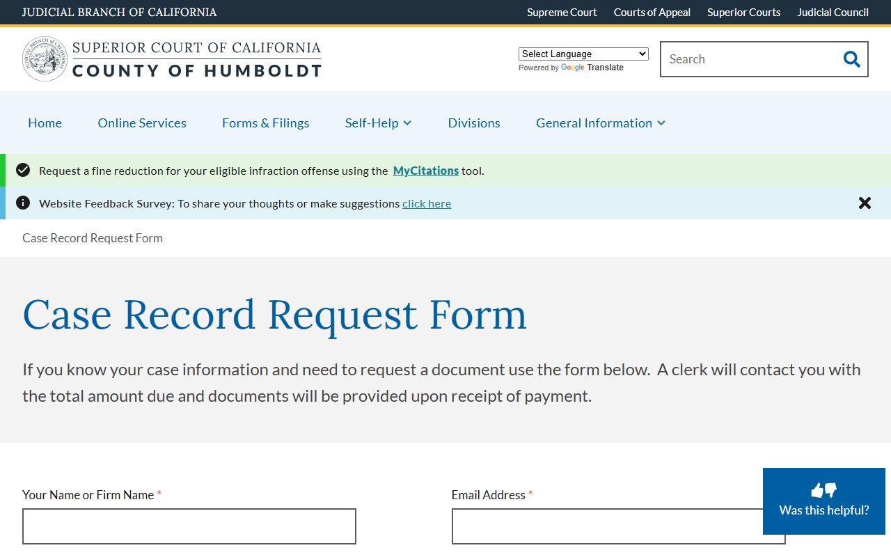 Humboldt County Superior Court case record request form