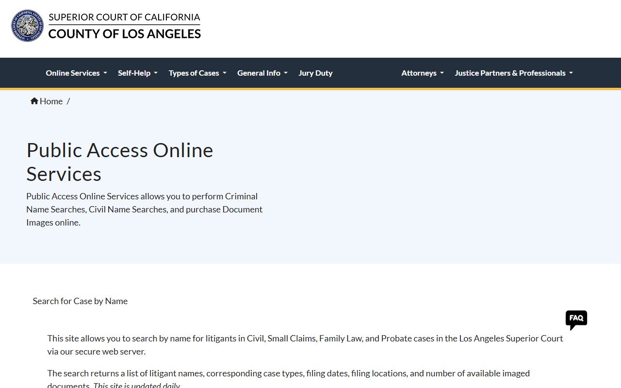 Los Angeles Superior Court Civil Index search portal