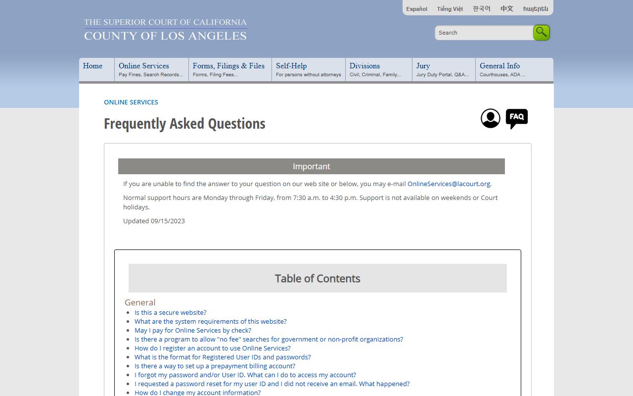 Los Angeles Superior Court online services FAQ page
