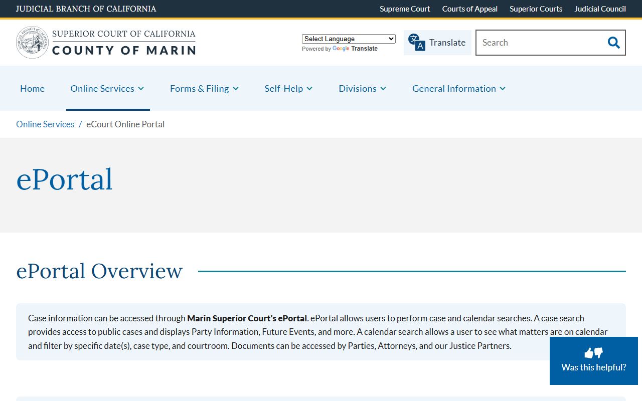 Marin County Superior Court ePortal case search interface