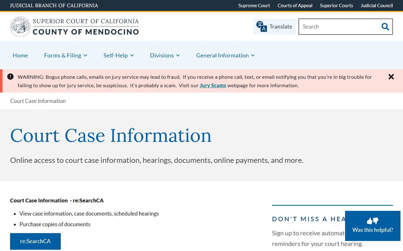 Mendocino County Superior Court re:SearchCA portal