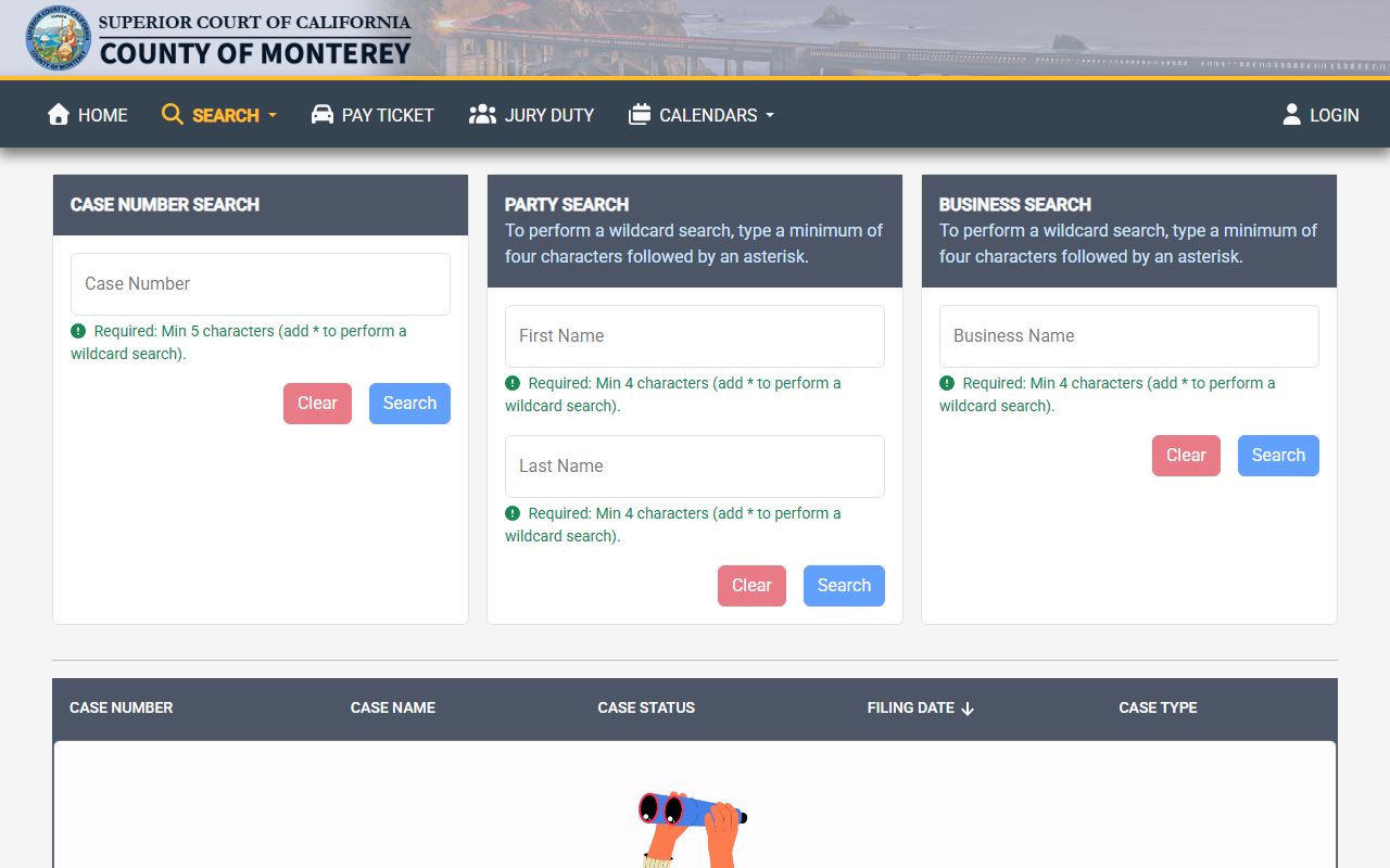Monterey County Superior Court case search portal for Salinas records