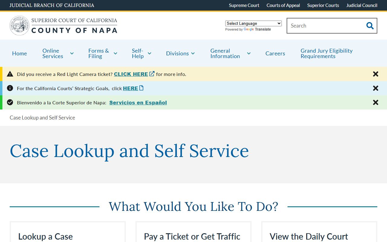 Napa County Superior Court online case lookup portal