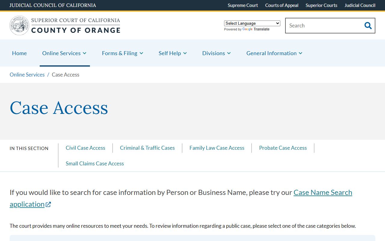 Orange County Superior Court online case access hub