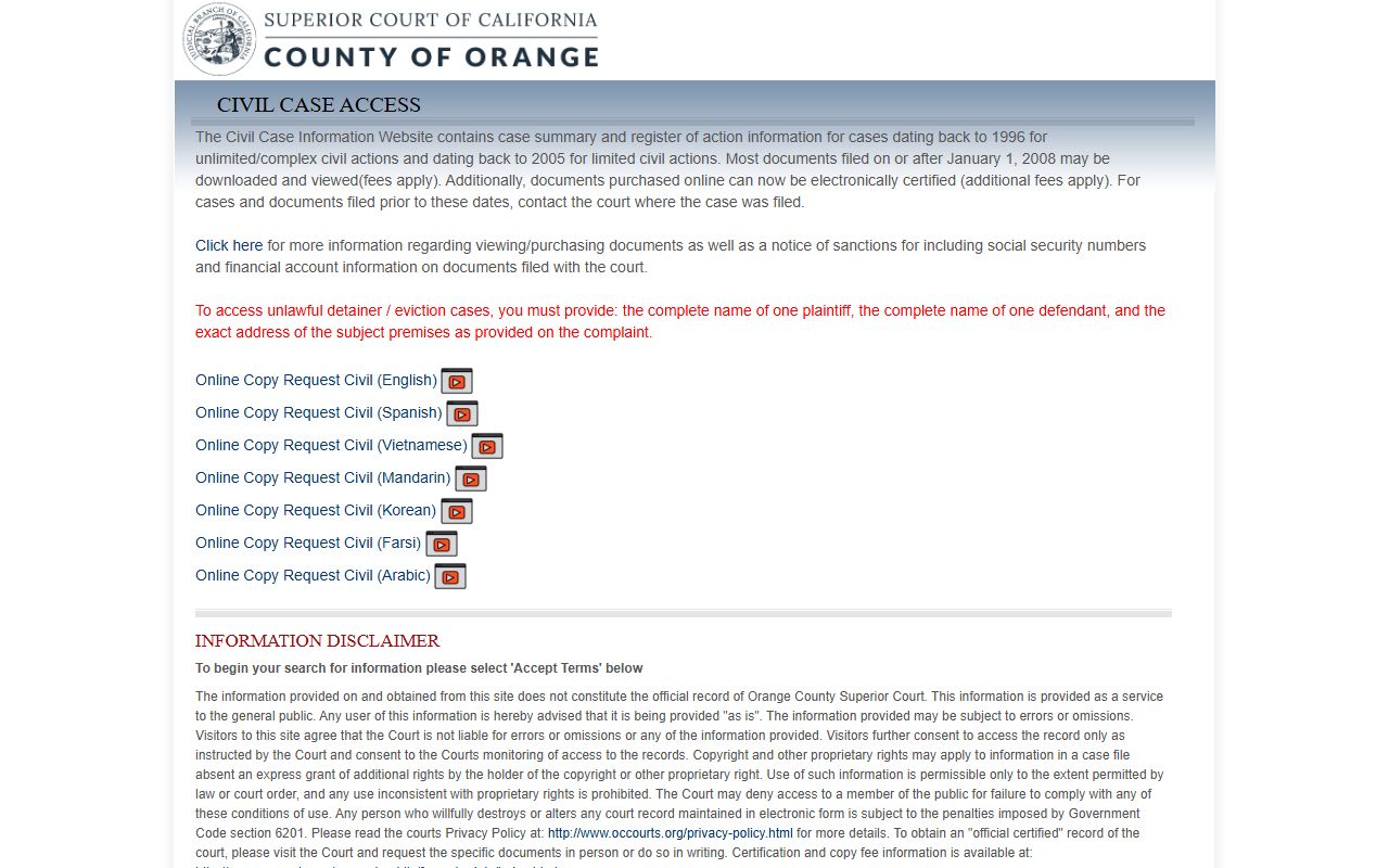 Orange County civil case information portal