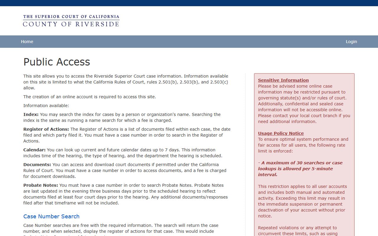 Riverside Superior Court Public Access portal