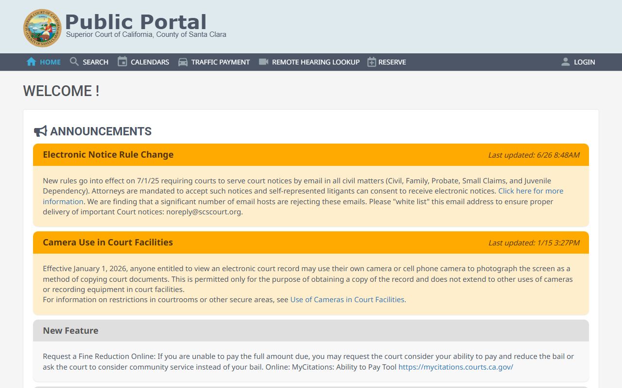 Santa Clara Superior Court online case information portal