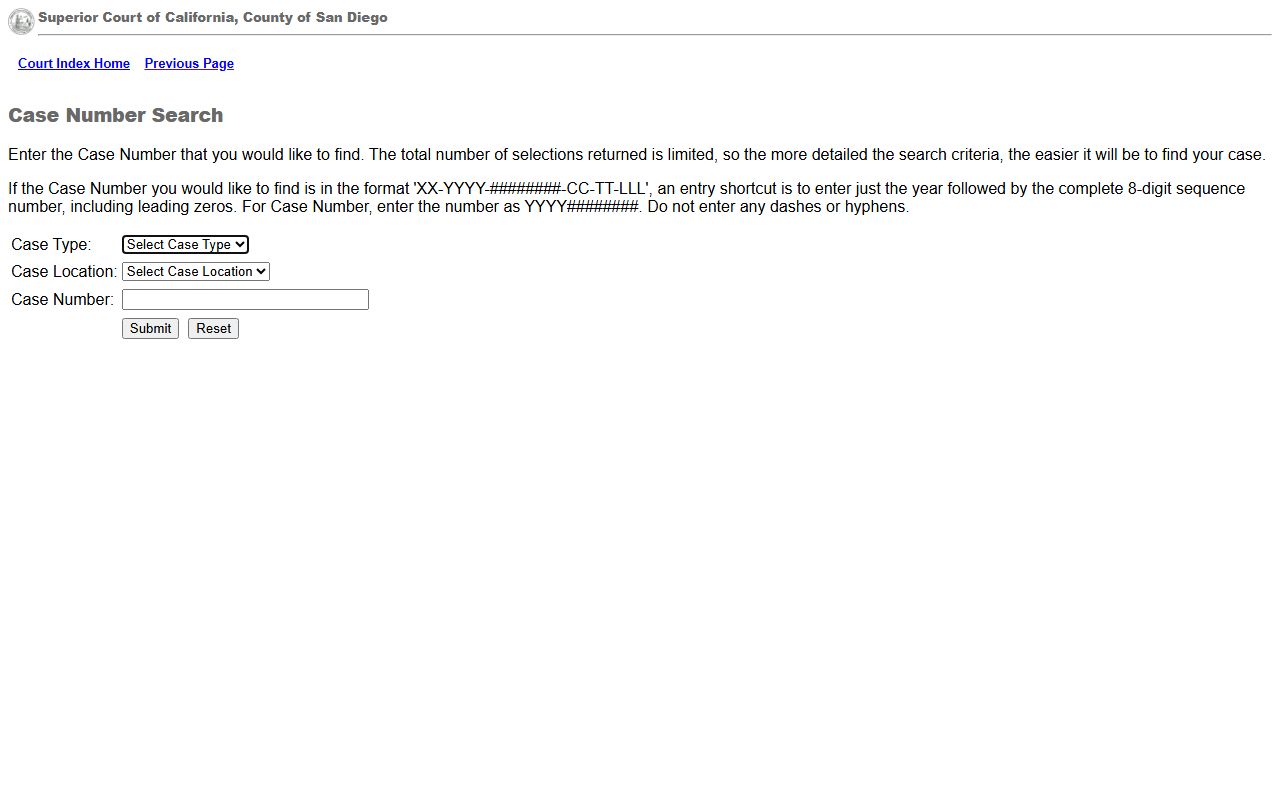 San Diego County Court Index case search