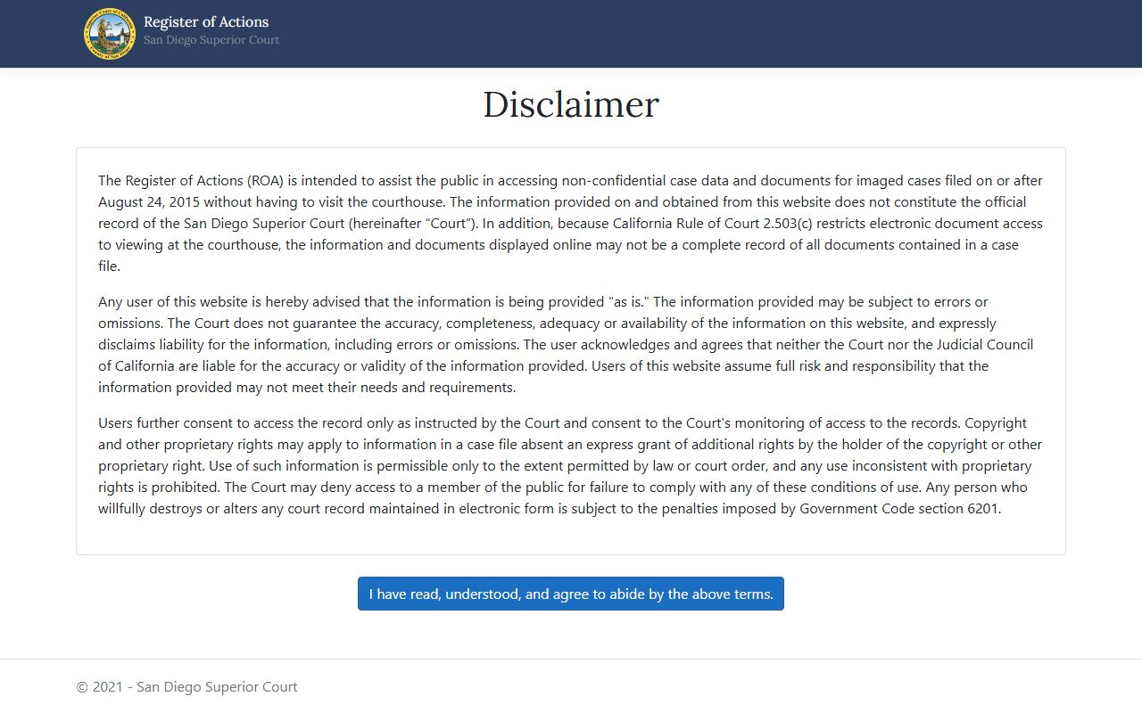 San Diego County Register of Actions portal