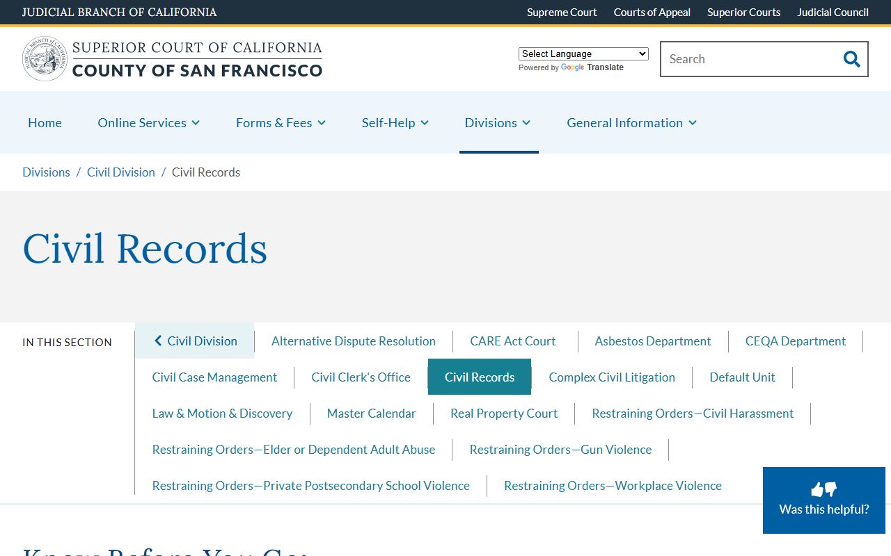 San Francisco County civil records information page