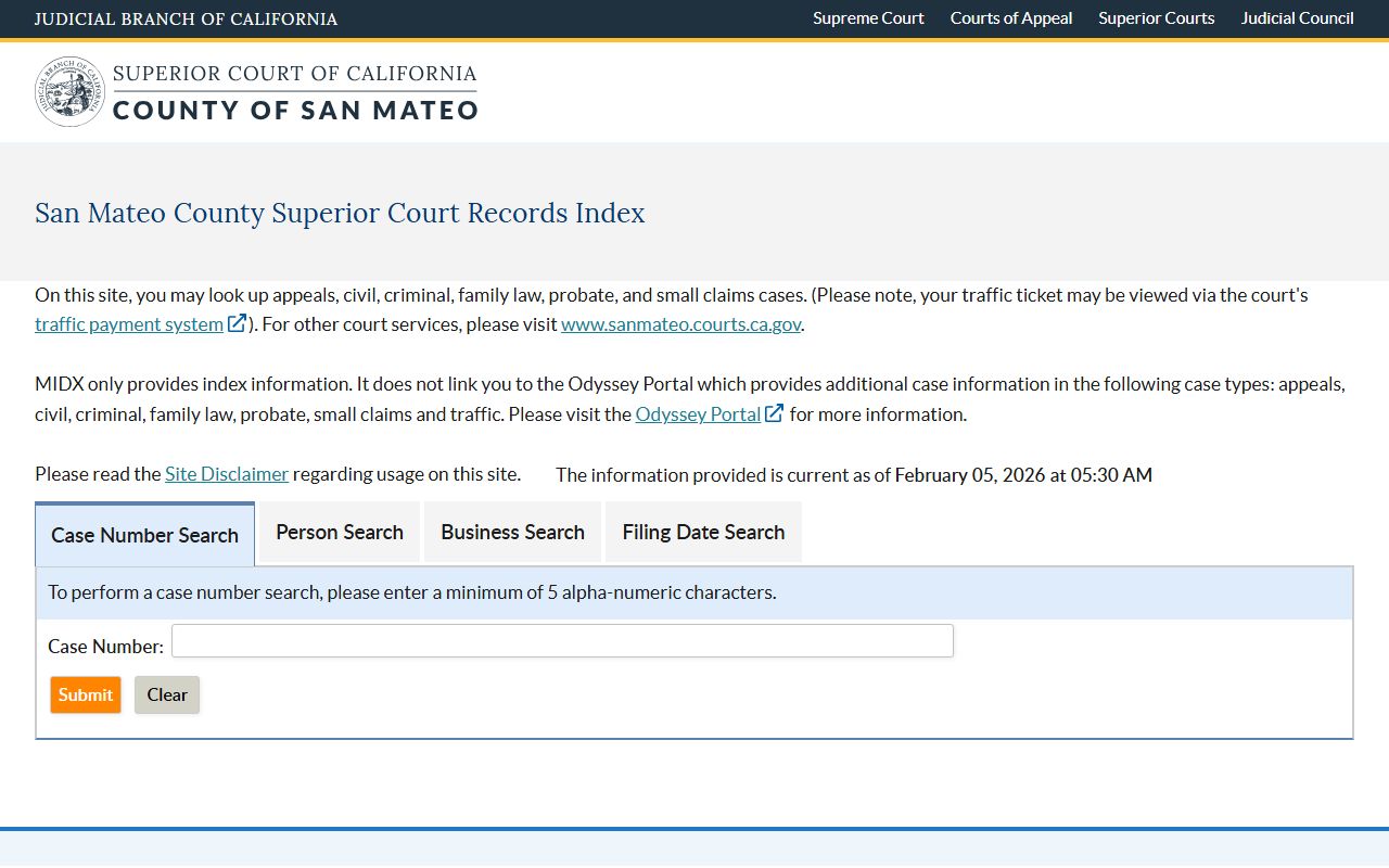San Mateo Superior Court MIDX Records Index search system
