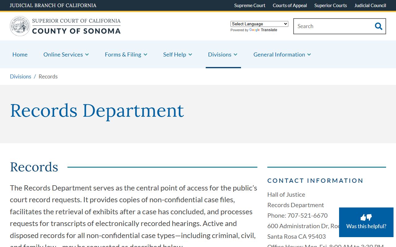 Sonoma County Superior Court Records Division information page
