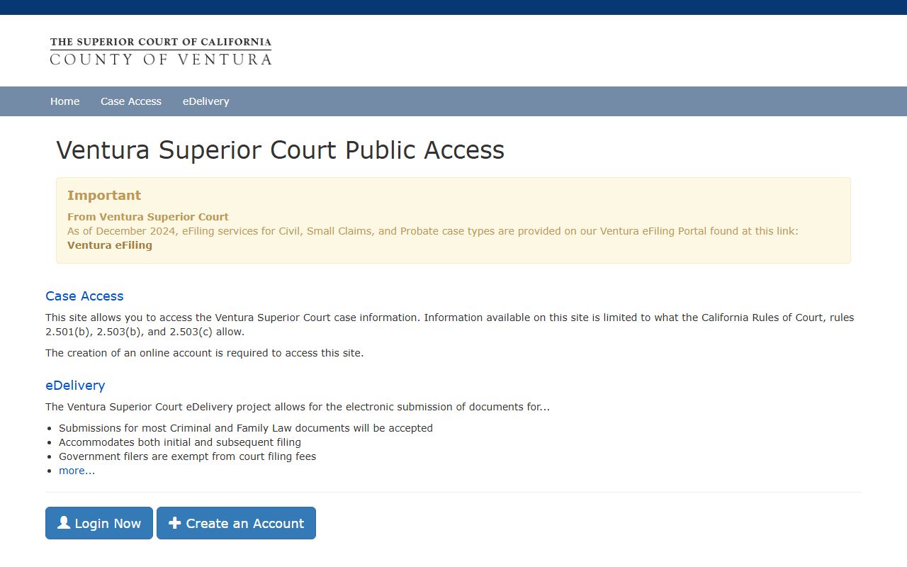 Ventura County Superior Court public portal for civil case access