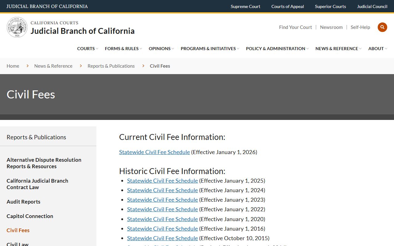 California Courts statewide civil fee schedule effective January 1, 2024