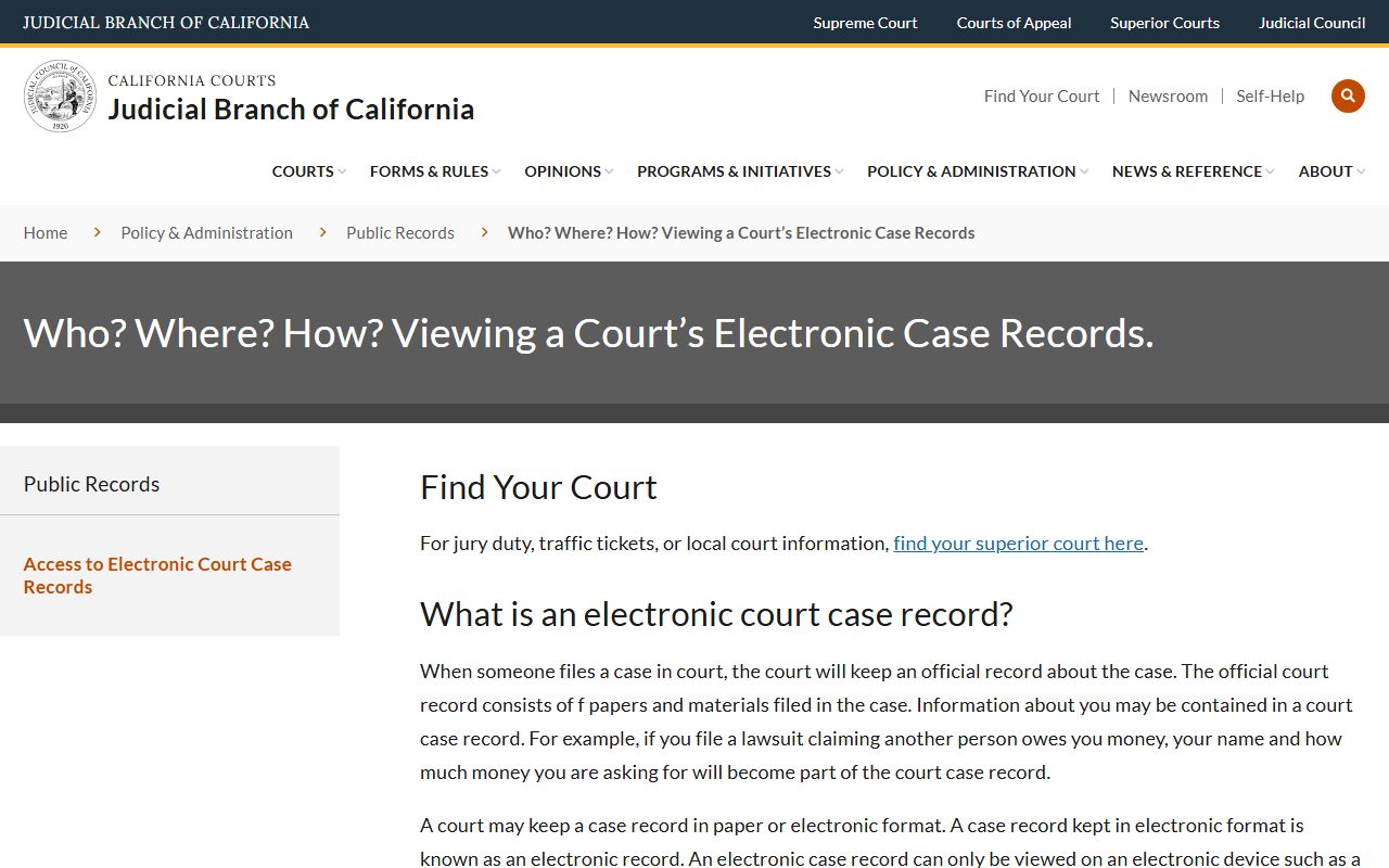 California Courts policy page explaining electronic case record access