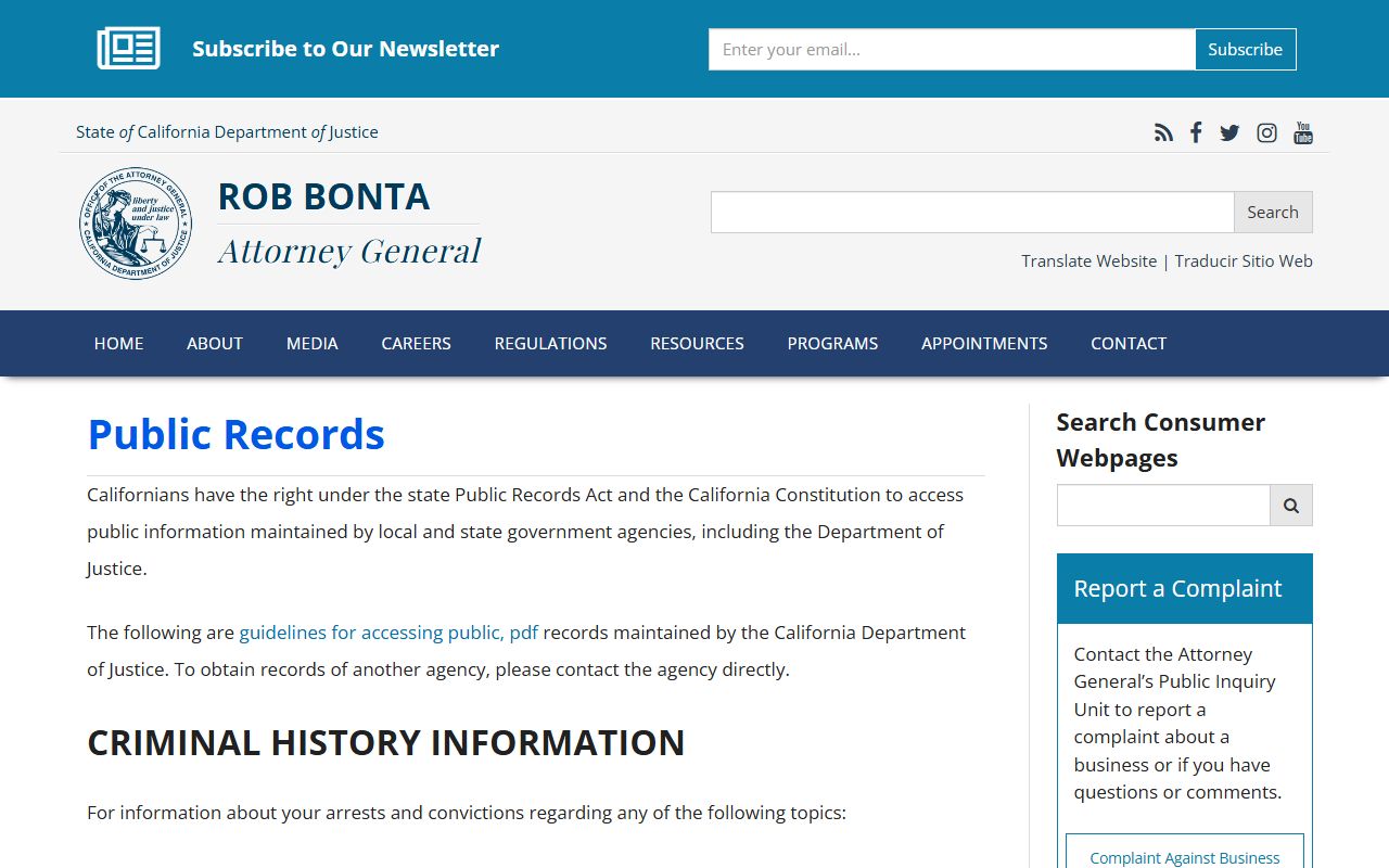 California Department of Justice public records information page